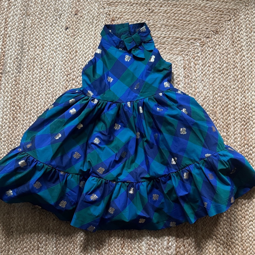 Janie & Jack Blue, Green, and Gold Plaid Party Dress with Bow